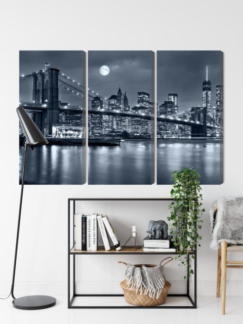 Obraz Wieloczęściowy Nocna Panorama Nowego Jorku Z Księżycem Na Niebie Canvas 120x80 LBS-2565-C120-80_3X40-80