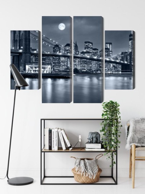 Obraz Wieloczęściowy Nocna Panorama Nowego Jorku Z Księżycem Na Niebie Canvas 80x60 LBS-2567-C80-60_2X20-60_2X20-40