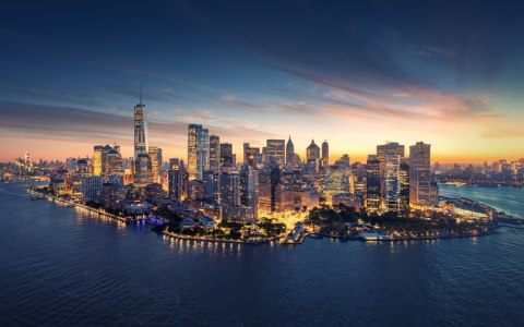 Obraz Wieloczęściowy Panorama Nowego Jorku O Wschodzie Słońca Canvas Naturalny 80x50 LBS-2563-NC80-50_2X20-50_2X20-30