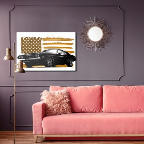 Obraz Na Płótnie Amerykański Muscle Car Na Tle Beżowej Flagi Usa Canvas Naturalny 100x70 LB-2821-NC100-70