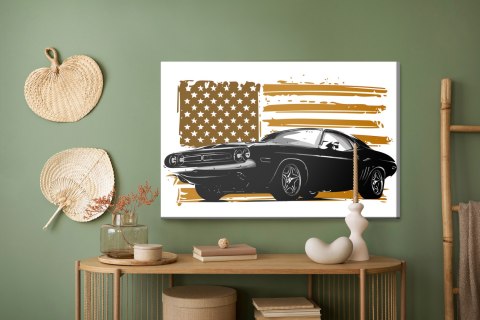 Obraz Na Płótnie Amerykański Muscle Car Na Tle Beżowej Flagi Usa Canvas Naturalny 100x70 LB-2821-NC100-70
