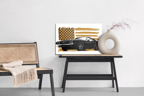 Obraz Na Płótnie Amerykański Muscle Car Na Tle Beżowej Flagi Usa Canvas Naturalny 100x70 LB-2821-NC100-70