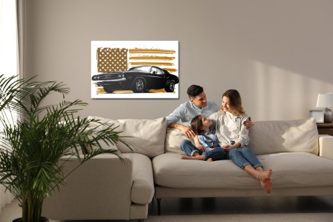 Obraz Na Płótnie Amerykański Muscle Car Na Tle Beżowej Flagi Usa Canvas Naturalny 100x70 LB-2821-NC100-70