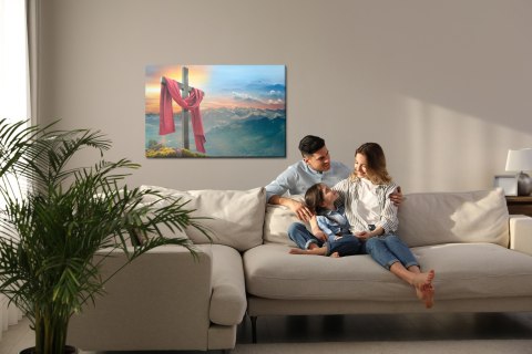 Obraz Na Płótnie Krzyż Na Tle Gór Canvas Naturalny 100x70 LB-2550-NC100-70