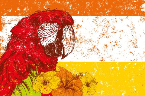 Obraz Na Płótnie Papuga Ara Z Kwiatami W Stylu Retro Canvas Naturalny 100x70 LB-2787-NC100-70