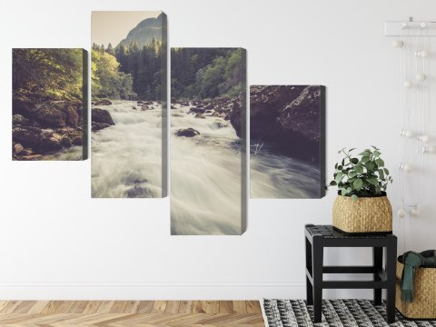 Obraz Wieloczęściowy Górska Rzeka W Lesie Canvas Naturalny 80x50 LBS-3225-NC80-50_2X20-50_2X20-30