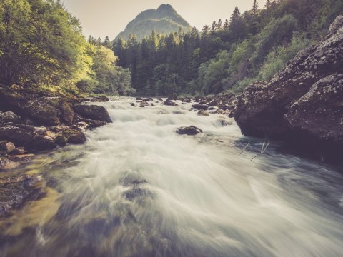 Obraz Wieloczęściowy Górska Rzeka W Lesie Canvas Naturalny 80x60 LBS-3224-NC80-60_2X20-60_2X20-40