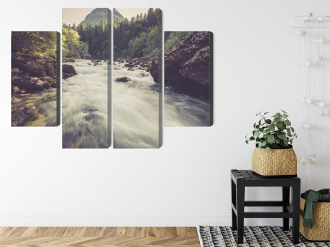 Obraz Wieloczęściowy Górska Rzeka W Lesie Canvas Naturalny 80x60 LBS-3224-NC80-60_2X20-60_2X20-40
