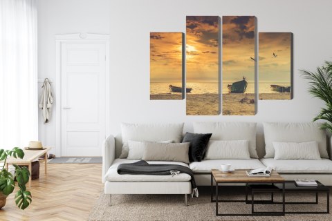 Obraz Wieloczęściowy Łodzie Na Plaży O Zachodzie Słońca Canvas Naturalny 80x60 LBS-2246-NC80-60_2X20-60_2X20-40