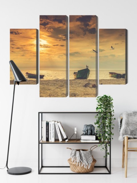 Obraz Wieloczęściowy Łodzie Na Plaży O Zachodzie Słońca Canvas Naturalny 80x60 LBS-2246-NC80-60_2X20-60_2X20-40