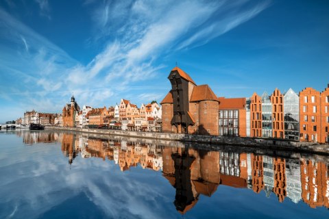 Obraz Wieloczęściowy Panorama Gdańska Z Widokiem Na Rzekę Canvas 120x80 LBS-2712-C120-80_1X40-80_2X40-60