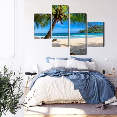 Obraz Wieloczęściowy Tropikalna Plaża Z Palmą 3D Canvas 120x75 LBS-2458-C120-75_2X30-75_2X30-45