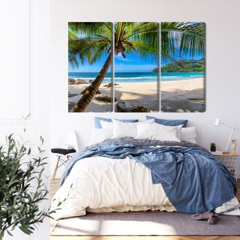 Obraz Wieloczęściowy Tropikalna Plaża Z Palmą 3D Canvas 120x80 LBS-2455-C120-80_3X40-80