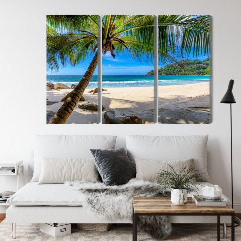 Obraz Wieloczęściowy Tropikalna Plaża Z Palmą 3D Canvas 120x80 LBS-2455-C120-80_3X40-80