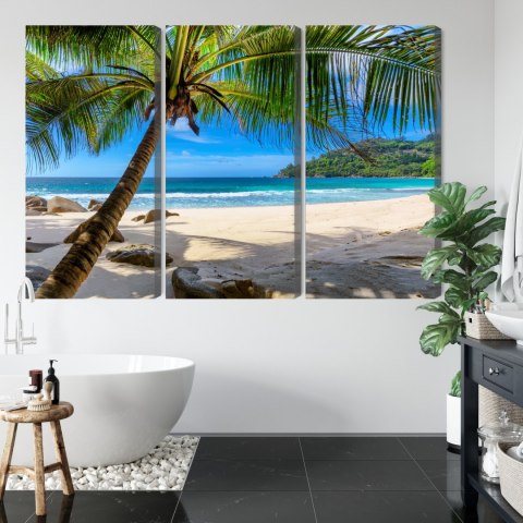 Obraz Wieloczęściowy Tropikalna Plaża Z Palmą 3D Canvas 120x80 LBS-2455-C120-80_3X40-80