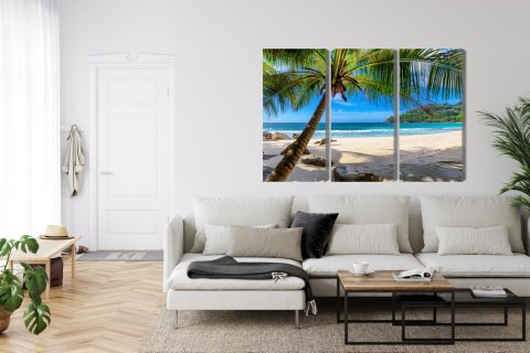 Obraz Wieloczęściowy Tropikalna Plaża Z Palmą 3D Canvas 120x80 LBS-2455-C120-80_3X40-80