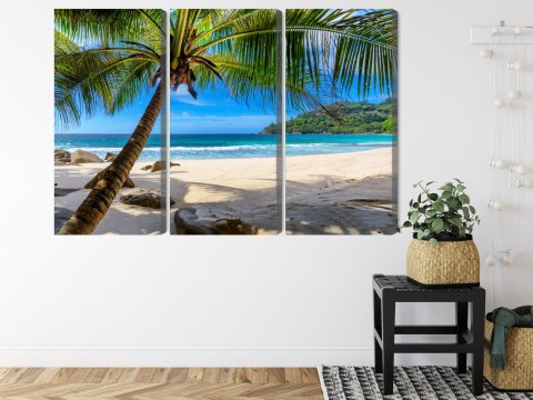Obraz Wieloczęściowy Tropikalna Plaża Z Palmą 3D Canvas 120x80 LBS-2455-C120-80_3X40-80