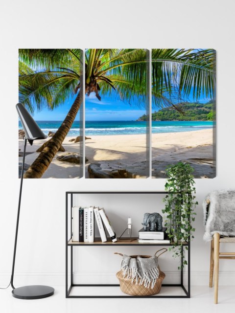 Obraz Wieloczęściowy Tropikalna Plaża Z Palmą 3D Canvas 120x80 LBS-2455-C120-80_3X40-80