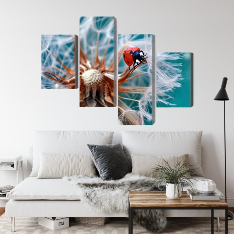 Obraz Wieloczęściowy Biedronka Na Mniszku Lekarskim W Skali Makro Canvas 120x75 LBS-3956-C120-75_2X30-75_2X30-45