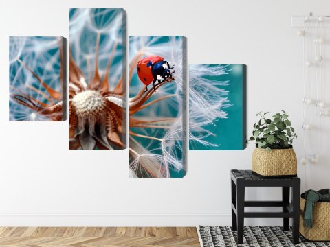 Obraz Wieloczęściowy Biedronka Na Mniszku Lekarskim W Skali Makro Canvas Naturalny 80x50 LBS-3956-NC80-50_2X20-50_2X20-30