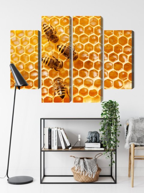 Obraz Wieloczęściowy Pszczoły Na Plastrze Miodu Canvas Naturalny 80x60 LBS-3890-NC80-60_2X20-60_2X20-40