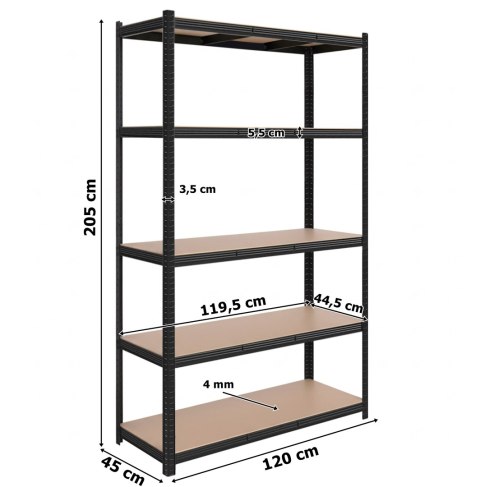 Regał magazynowy 200kg 5 poziomów 205x120x45 cm 1000 kg czarny