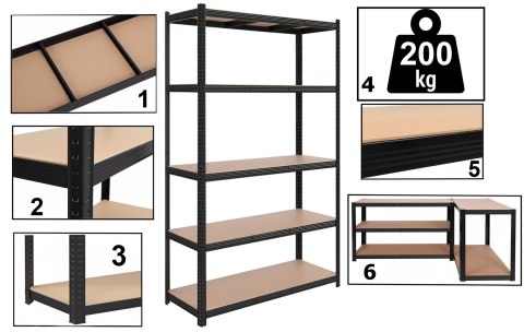 Regał magazynowy 200kg 5 poziomów 205x120x45 cm 1000 kg czarny