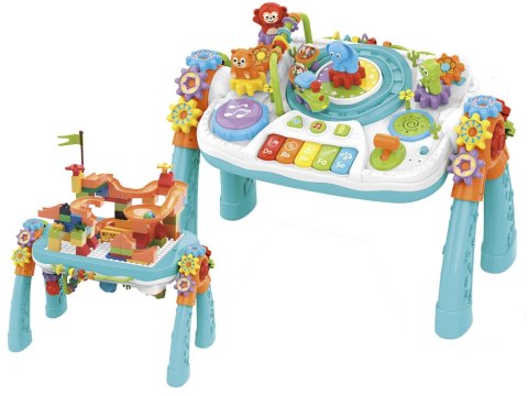Multifunkcyjny Edukacyjny Stolik 2w1 Pianinko Ciuchcia Mikrofon Klocki Bluetooth Akumulator