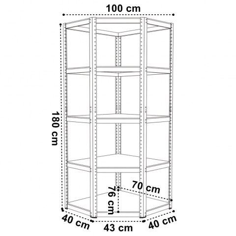 Regał magazynowy narożny 5 poziomów 180X70x40 875 kg