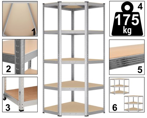 Regał magazynowy narożny 5 poziomów 180X70x40 875 kg