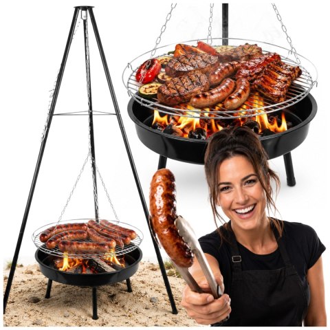Grill ogrodowy węglowy zawieszany, regulowana wysokość 32-66/150 cm, ruszt stal chromowana, misa stal emaliowana, czarny, 50 cm KAMAI STRENDPRO