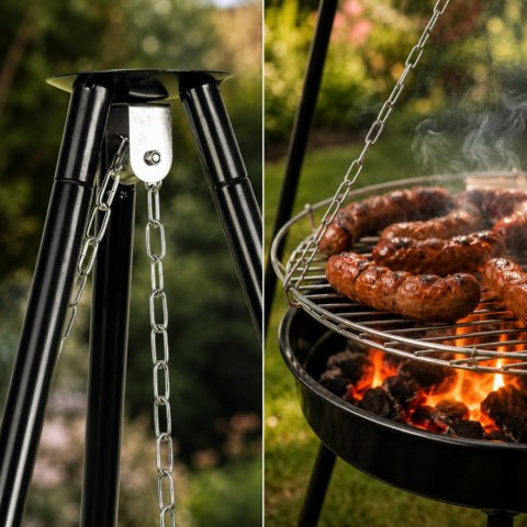 Grill ogrodowy węglowy zawieszany, regulowana wysokość 32-66/150 cm, ruszt stal chromowana, misa stal emaliowana, czarny, 50 cm KAMAI STRENDPRO