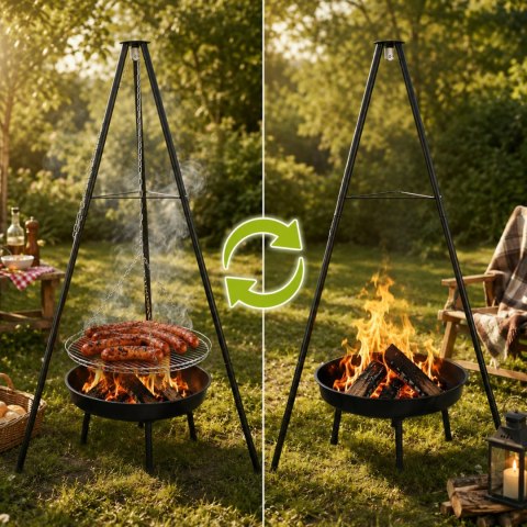 Grill ogrodowy węglowy zawieszany, regulowana wysokość 32-66/150 cm, ruszt stal chromowana, misa stal emaliowana, czarny, 50 cm KAMAI STRENDPRO