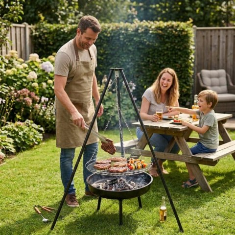 Grill ogrodowy węglowy zawieszany, regulowana wysokość 32-66/150 cm, ruszt stal chromowana, misa stal emaliowana, czarny, 50 cm KAMAI STRENDPRO