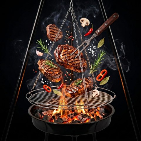 Grill ogrodowy węglowy zawieszany, regulowana wysokość 32-66/150 cm, ruszt stal chromowana, misa stal emaliowana, czarny, 50 cm KAMAI STRENDPRO