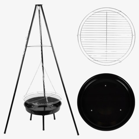 Grill ogrodowy węglowy zawieszany, regulowana wysokość 32-66/150 cm, ruszt stal chromowana, misa stal emaliowana, czarny, 50 cm KAMAI STRENDPRO