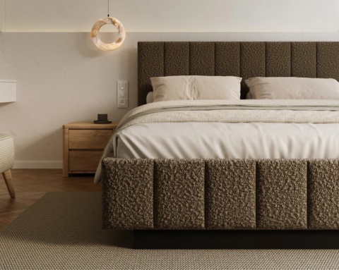 Nowoczesne łóżko lewitujące tapicerowane LEVITO 160x200 BOUCLE Brąz
