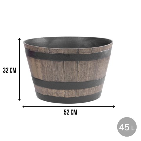 Doniczka beczka plastikowa, efekt drewna, ogrodowa, balkonowa, średnica 52 cm, wysokość 32 cm, 45 l, brązowa KAMAI STRENDPRO