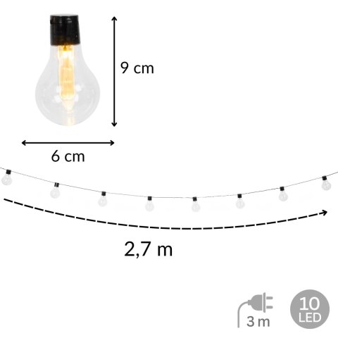 Girlanda ogrodowa solarna LED, 10 żarówek, czujnik zmierzchu, dł. 2,7 m, kabel 3 m, żarówki 6x9 cm KAMAI STRENDPRO