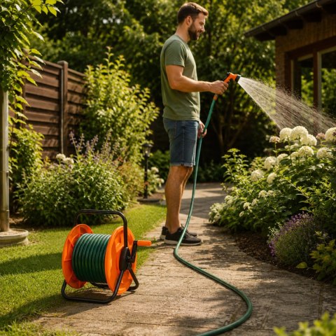 Nawijacz na wąż ogrodowy metalowy, plastikowy bęben, korba ręczna, UV odporny, do 60 m węża 1/2 cala KAMAI STRENDPRO