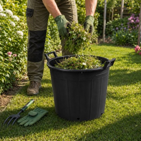 Pojemnik ogrodowy okrągły plastikowy perforowany z uchwytami, 50 l, średnica 50 cm, wysokość 41 cm KAMAI STRENDPRO