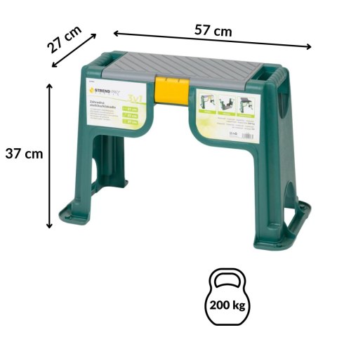 Stołek ogrodowy i klęcznik 2w1 z schowkiem, polipropylenowy, czarno-zielony, 57x27x37 cm, maks. 200 kg KAMAI STRENDPRO