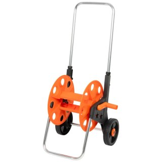 Wózek na wąż ogrodowy, metalowy stelaż, plastikowy bęben, na kołach, rączka teleskopowa 57,5-95 cm, 50 m węża 1/2 cala KAMAI STRENDPRO