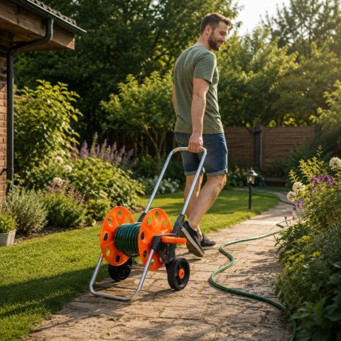 Wózek na wąż ogrodowy, metalowy stelaż, plastikowy bęben, na kołach, rączka teleskopowa 57,5-95 cm, 50 m węża 1/2 cala KAMAI STRENDPRO