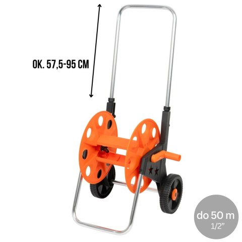 Wózek na wąż ogrodowy, metalowy stelaż, plastikowy bęben, na kołach, rączka teleskopowa 57,5-95 cm, 50 m węża 1/2 cala KAMAI STRENDPRO