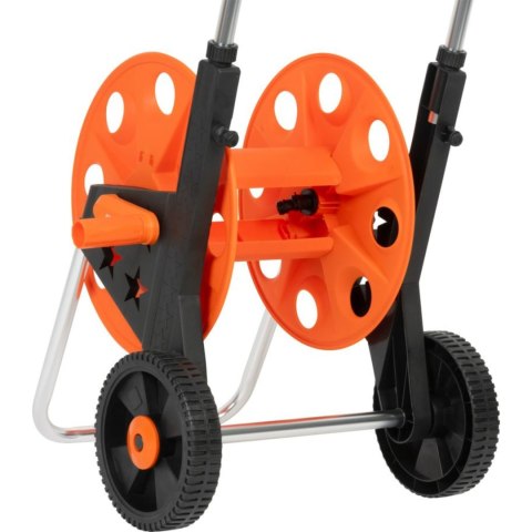 Wózek na wąż ogrodowy, metalowy stelaż, plastikowy bęben, na kołach, rączka teleskopowa 57,5-95 cm, 50 m węża 1/2 cala KAMAI STRENDPRO