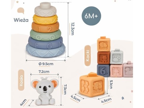 Sensoryczne Miękkie Klocki dla malucha Edukacyjna Wieża Cyferki Kształty + Figurka