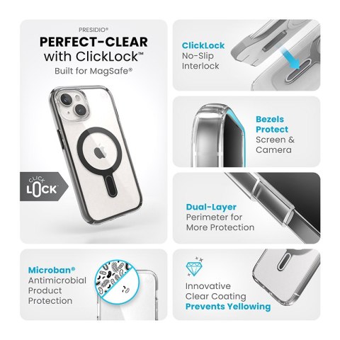 Speck Presidio Perfect-Clear ClickLock & MagSafe - Etui iPhone 17e / 16e / 15 / 14 / 13 (Clear / Frosted Black / Slate Grey)