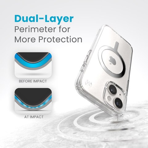 Speck Presidio Perfect-Clear MagSafe - Etui iPhone 17e / 16e / 15 / 14 / 13 (Clear / Chrome Finish / Serene Silver)