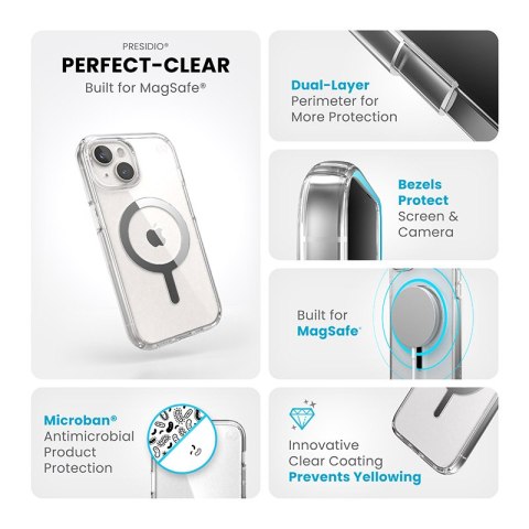 Speck Presidio Perfect-Clear MagSafe - Etui iPhone 17e / 16e / 15 / 14 / 13 (Clear / Chrome Finish / Serene Silver)